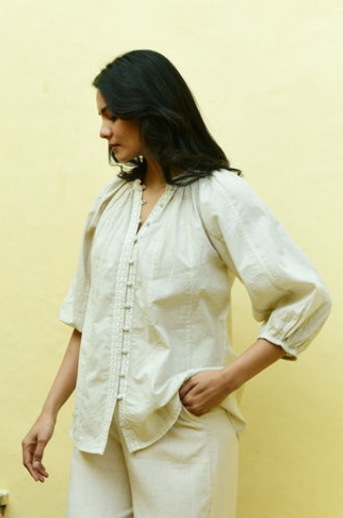 Azure And Indigo - Folk Blouse - Oat