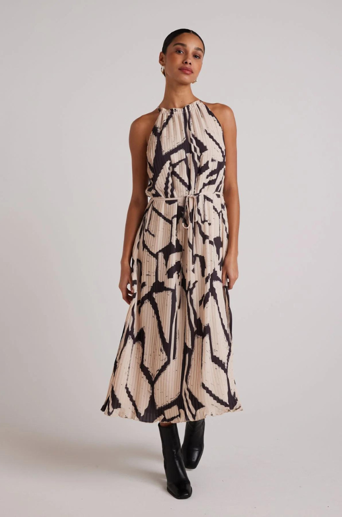 Bella Dahl - Pleated Halter Maxi Dress - Ivory Mosaic Print