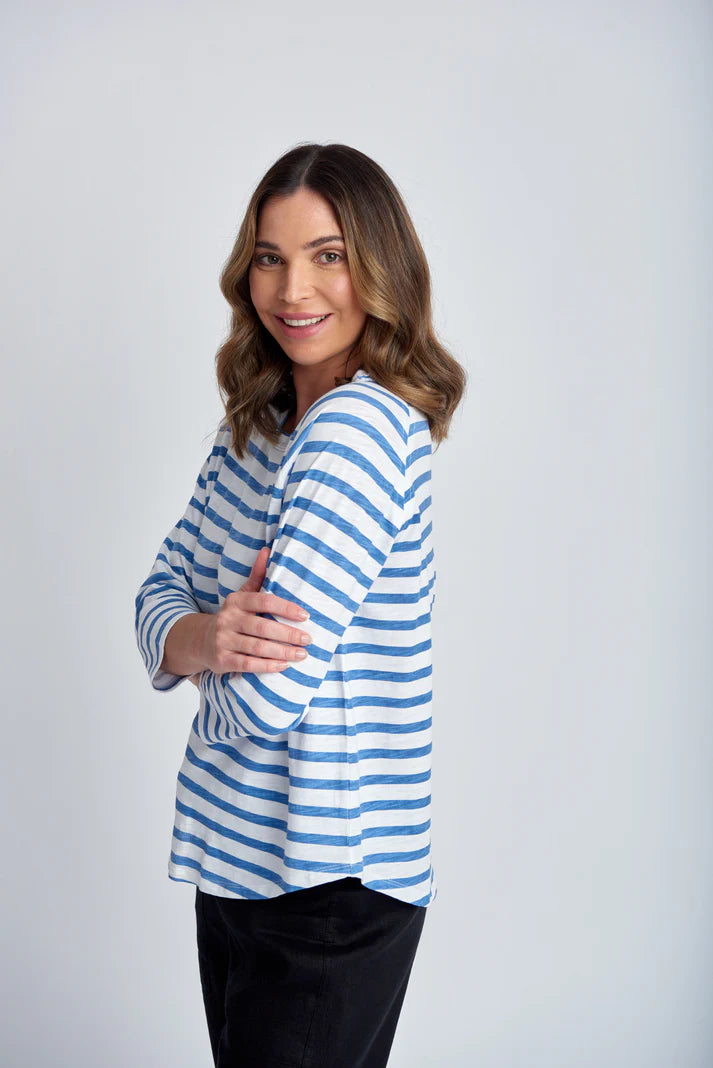 Cloth Paper Scissors - Stripe 3/4 Sleeve Raglan Tee - White/Deep Blue