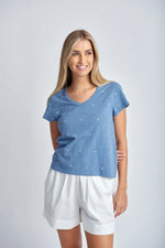 Load image into Gallery viewer, Cloth Paper Scissors - Embroidered Tee - Deep Blue/White
