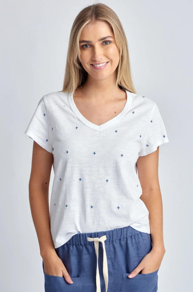 Cloth Paper Scissors - Embroidered Tee - White/Deep Blue