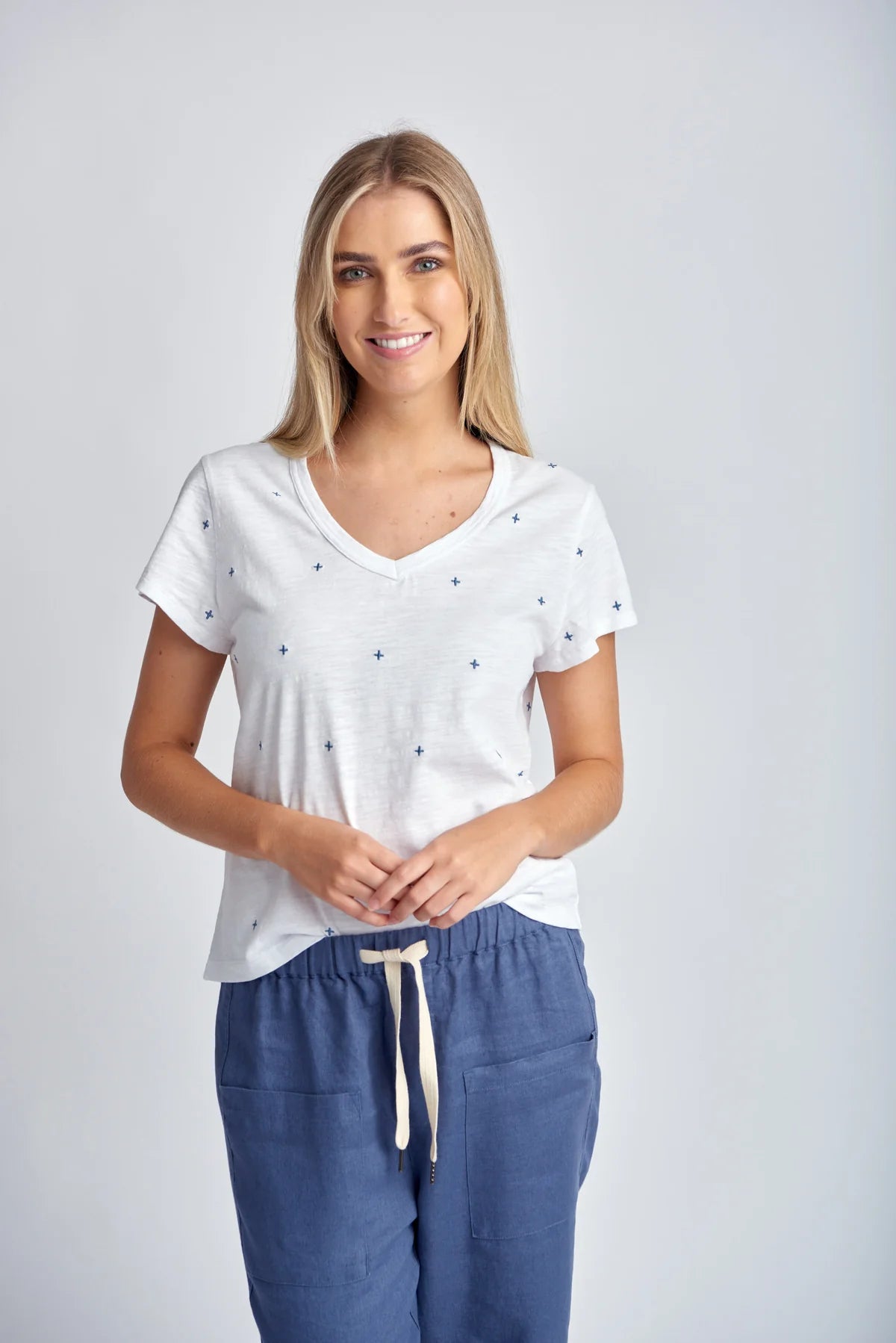 Cloth Paper Scissors - Embroidered Tee - White/Deep Blue