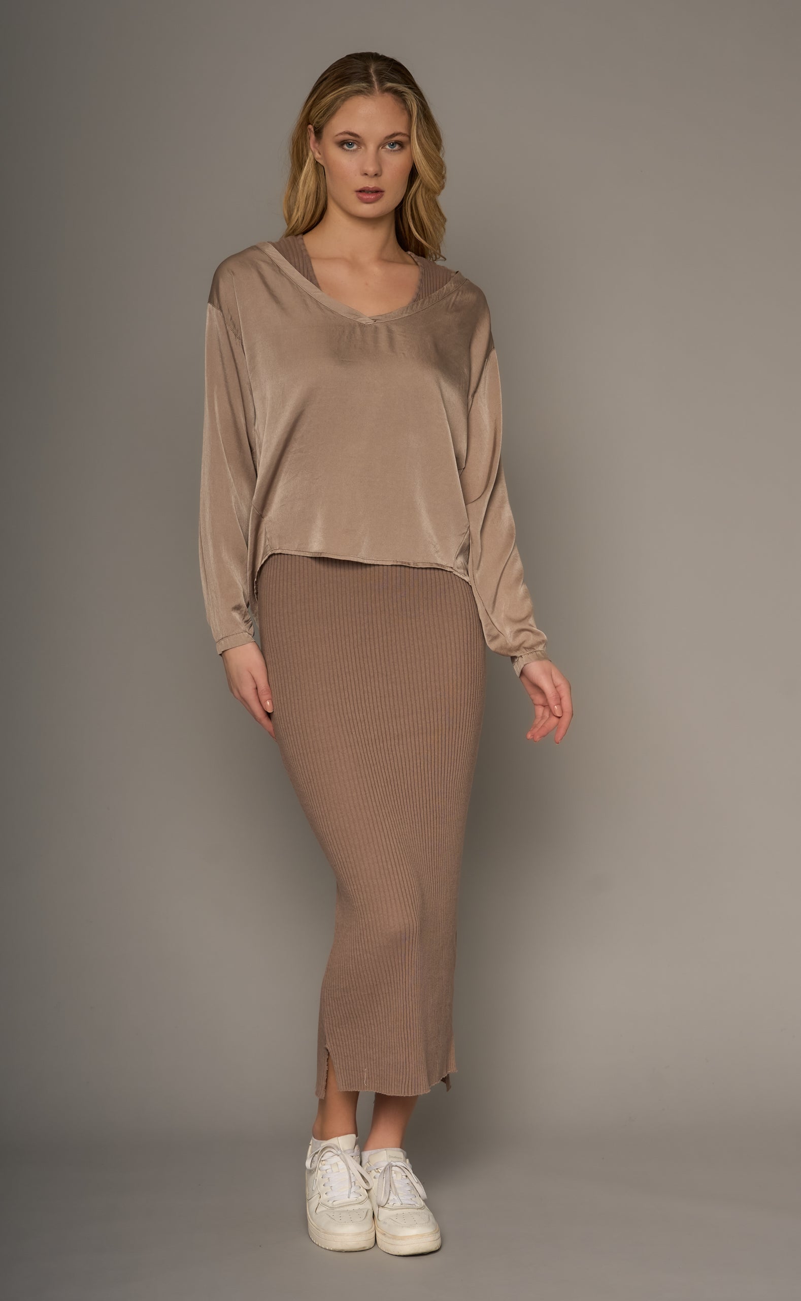 Crossley - Miran V Long Sleeve Silk Top - Camel