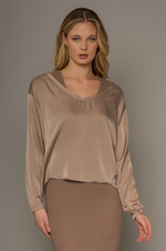 Load image into Gallery viewer, Crossley - Miran V Long Sleeve Silk Top - Camel
