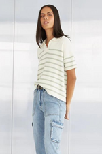 Load image into Gallery viewer, Dricoper - Darra Cotton Polo Sweater - Green &amp; Cream Stripe
