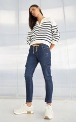 Load image into Gallery viewer, Dricoper - Rita Cotton Polo Sweater - Navy &amp; Cream Denim Stripe
