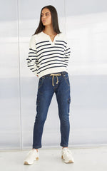 Load image into Gallery viewer, Dricoper - Rita Cotton Polo Sweater - Navy &amp; Cream Denim Stripe
