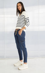 Load image into Gallery viewer, Dricoper - Rita Cotton Polo Sweater - Navy &amp; Cream Denim Stripe
