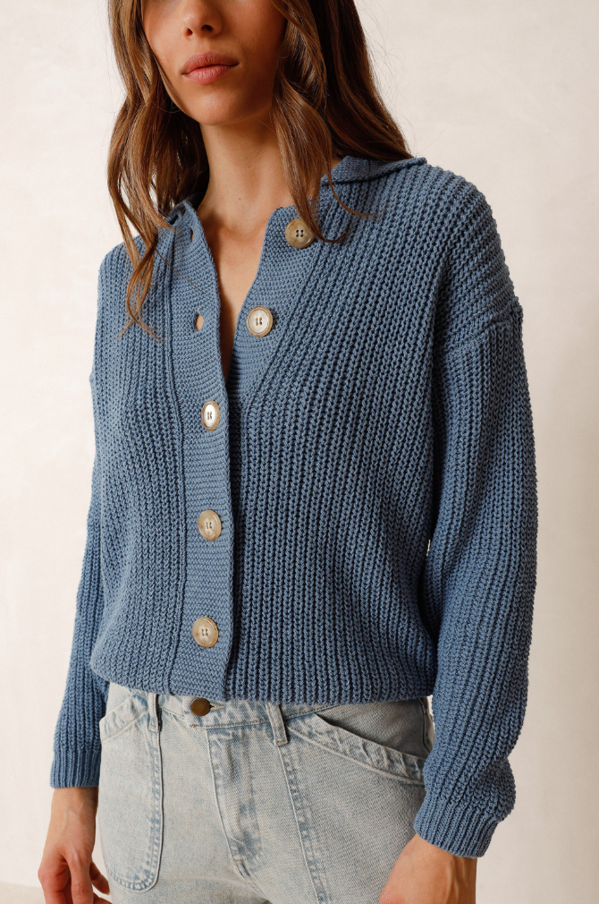 Indi And Cold - Classic Buttoned Collar Cardigan - Sky Blue