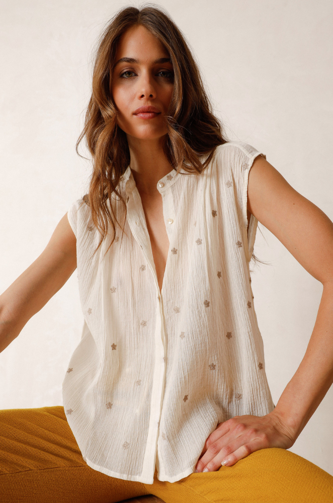 Indi And Cold - Embroidered Crepe Gauze Shirt - Ecru