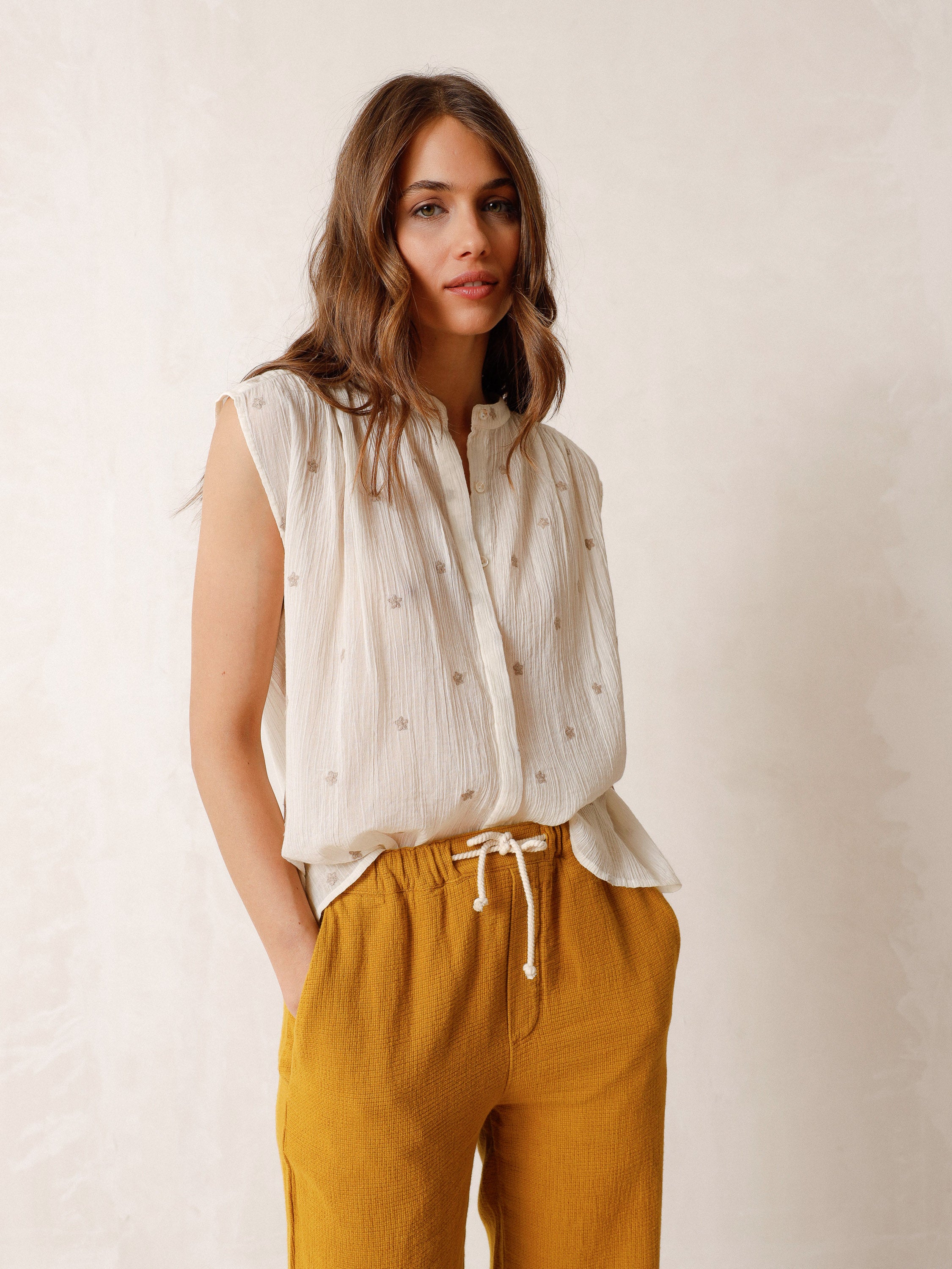 Indi And Cold - Embroidered Crepe Gauze Shirt - Ecru