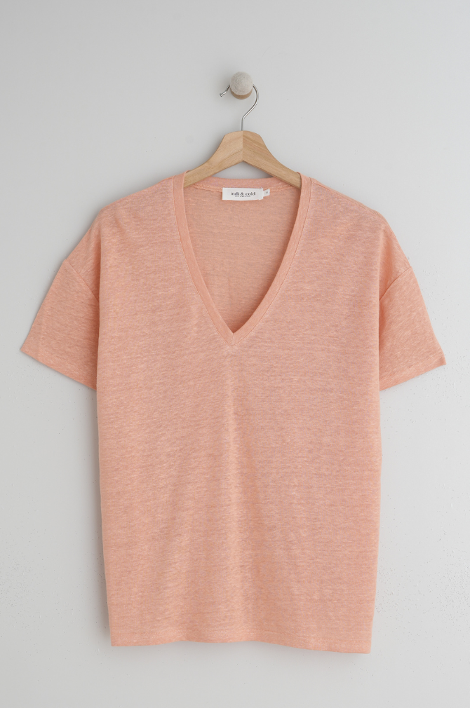 Indi And Cold - Linen Mix V-Neck Tee - Peach