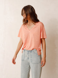 Indi And Cold - Linen Mix V-Neck Tee - Peach