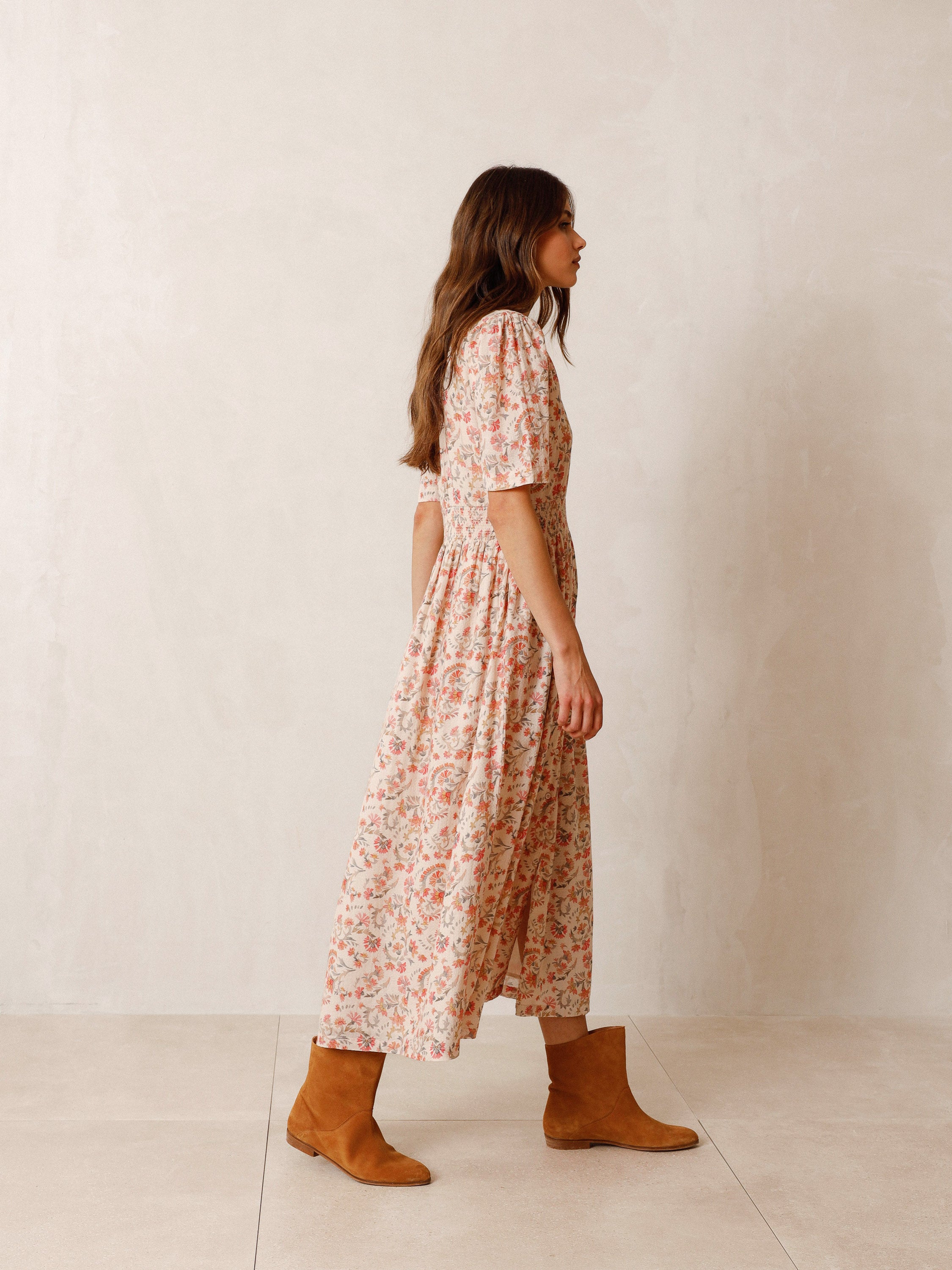 Indi And Cold - Luise Floral Midi Dress - Peach