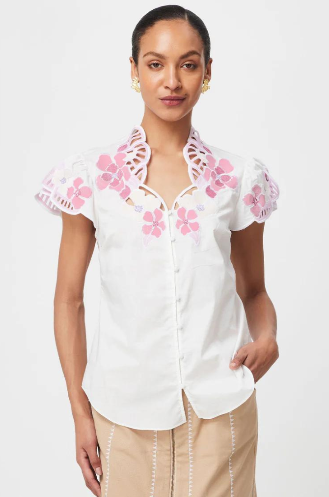 Once Was - Ballou Placement Embroidered Cotton Voile Cap Sleeve Blouse - Ivory Blush