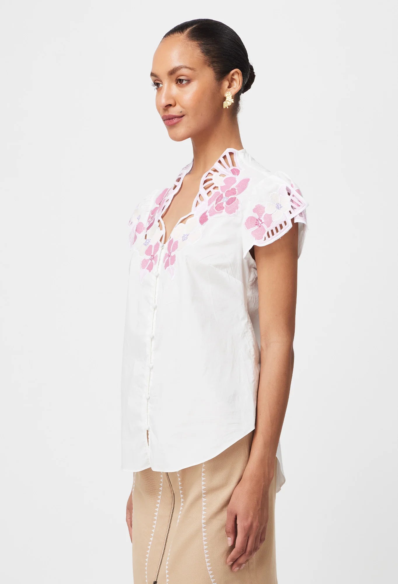 Once Was - Ballou Placement Embroidered Cotton Voile Cap Sleeve Blouse - Ivory Blush