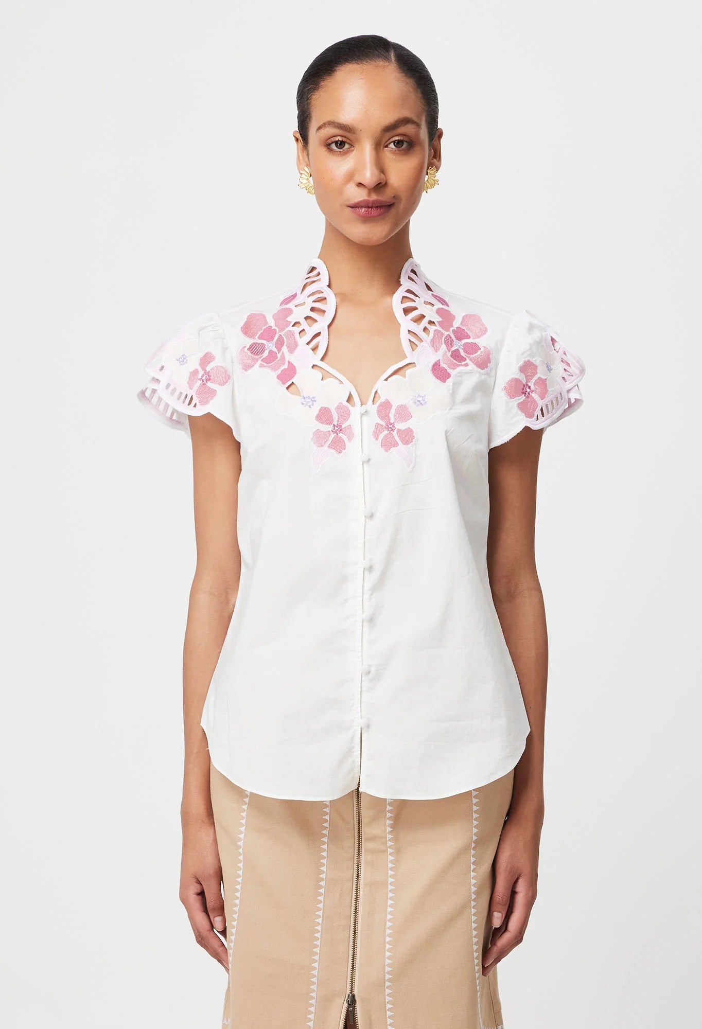 Once Was - Ballou Placement Embroidered Cotton Voile Cap Sleeve Blouse - Ivory Blush