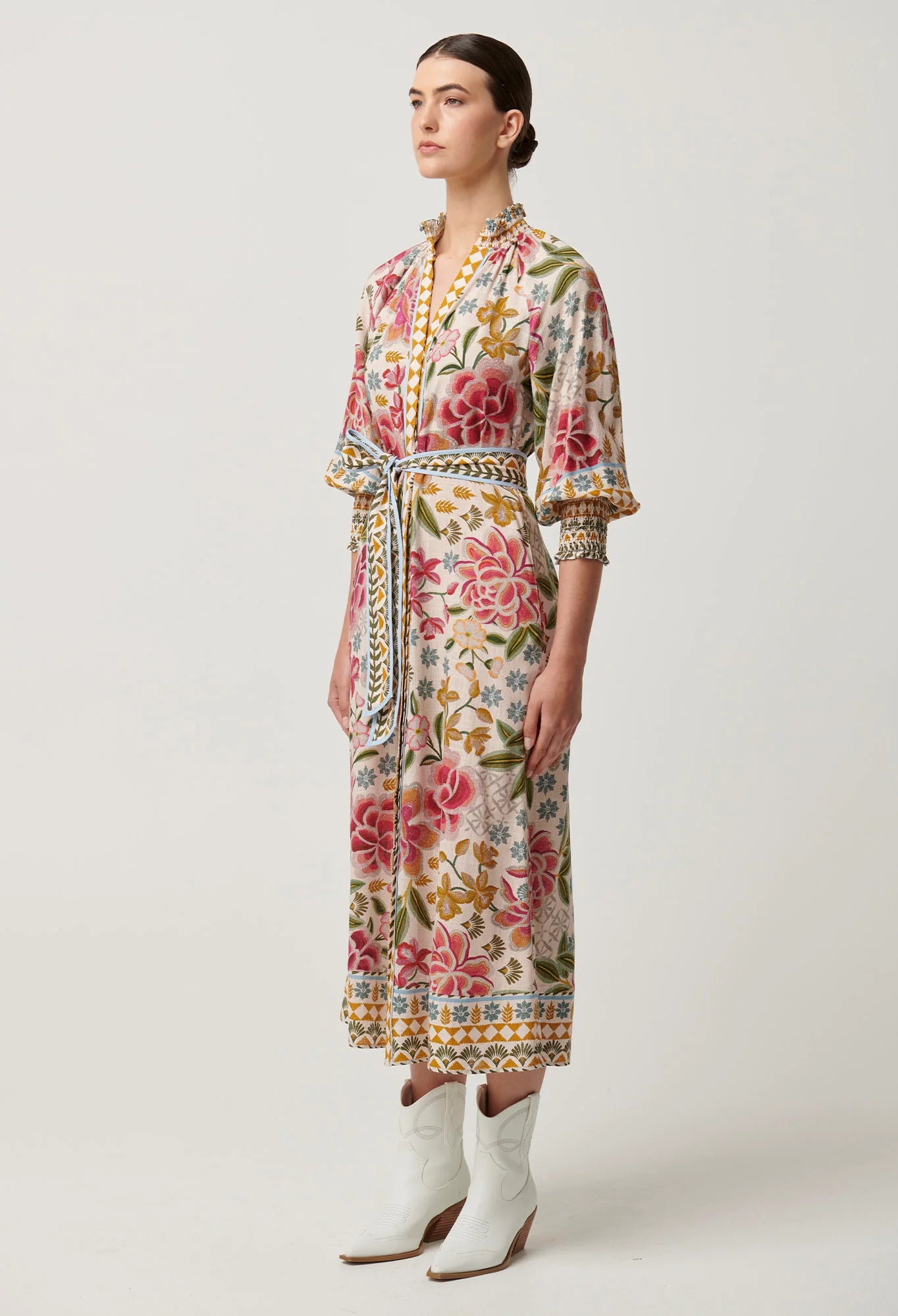 Once Was - Carmen Viscose Linen Placement Print Maxi Dress - Azalea Fields