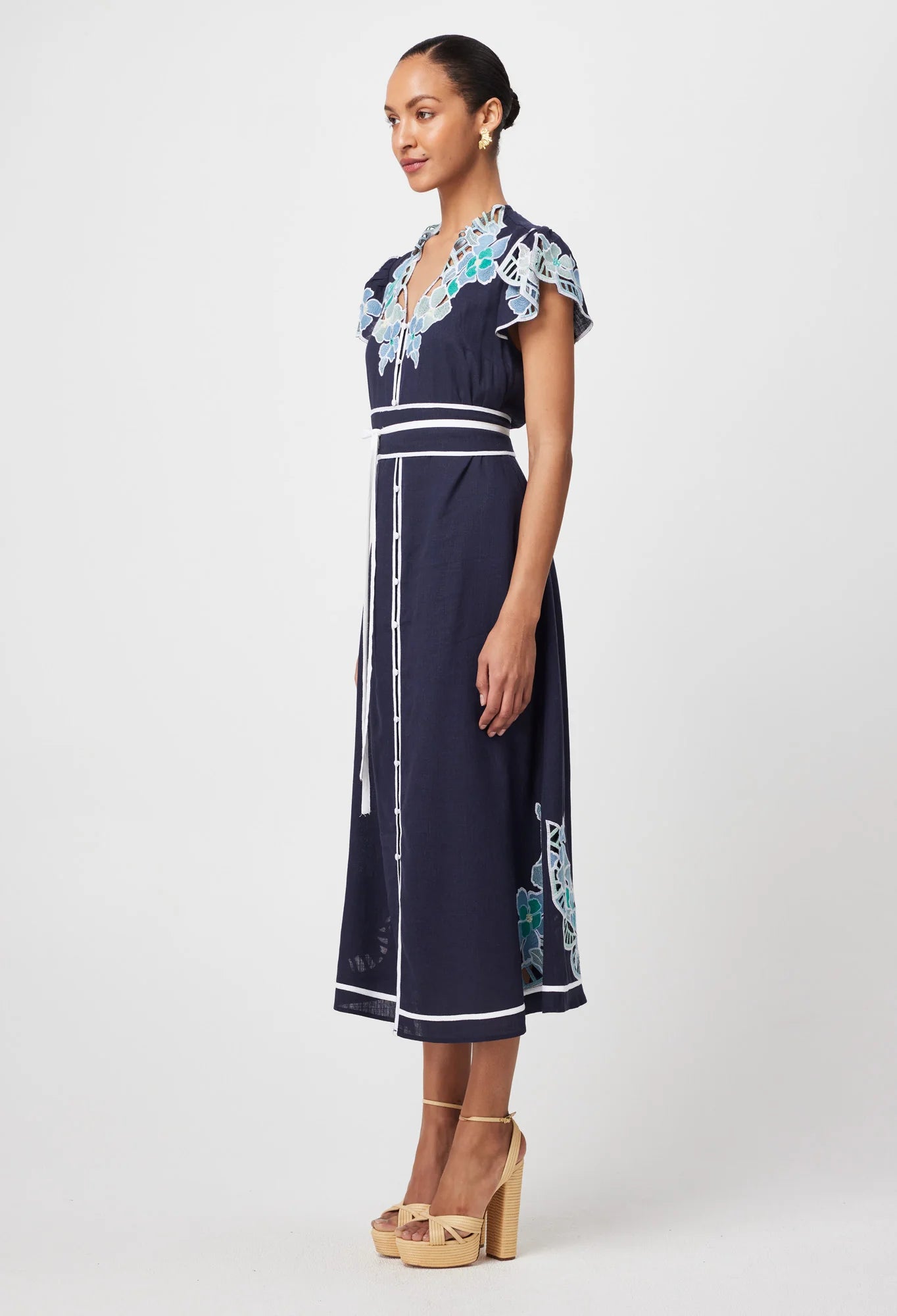 Once Was - Delray Placement Embroidered Linen Viscose Flutter Sleeve Dress - Lapis