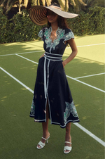 Load image into Gallery viewer, Once Was - Delray Placement Embroidered Linen Viscose Flutter Sleeve Dress - Lapis
