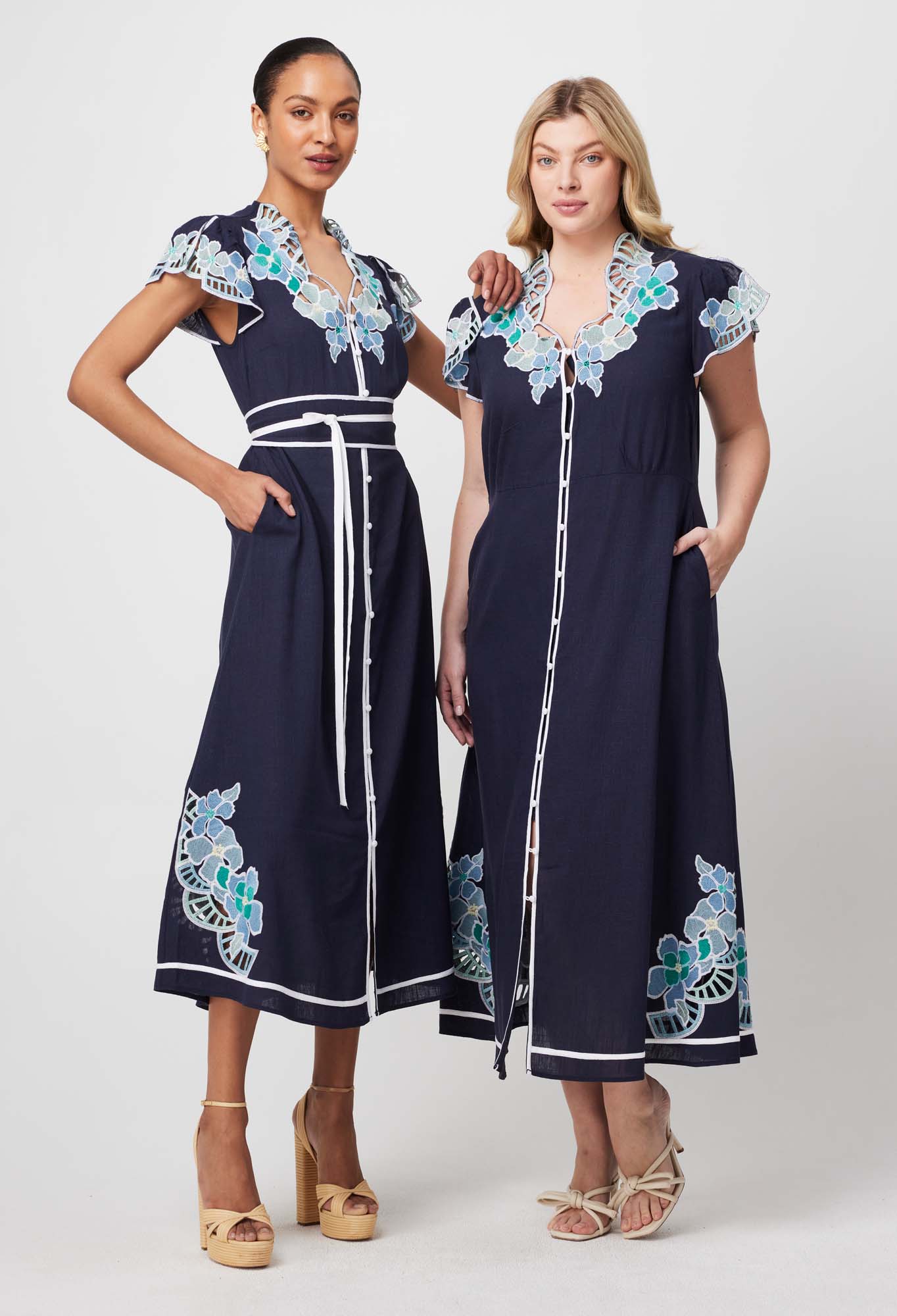 Once Was - Delray Placement Embroidered Linen Viscose Flutter Sleeve Dress - Lapis