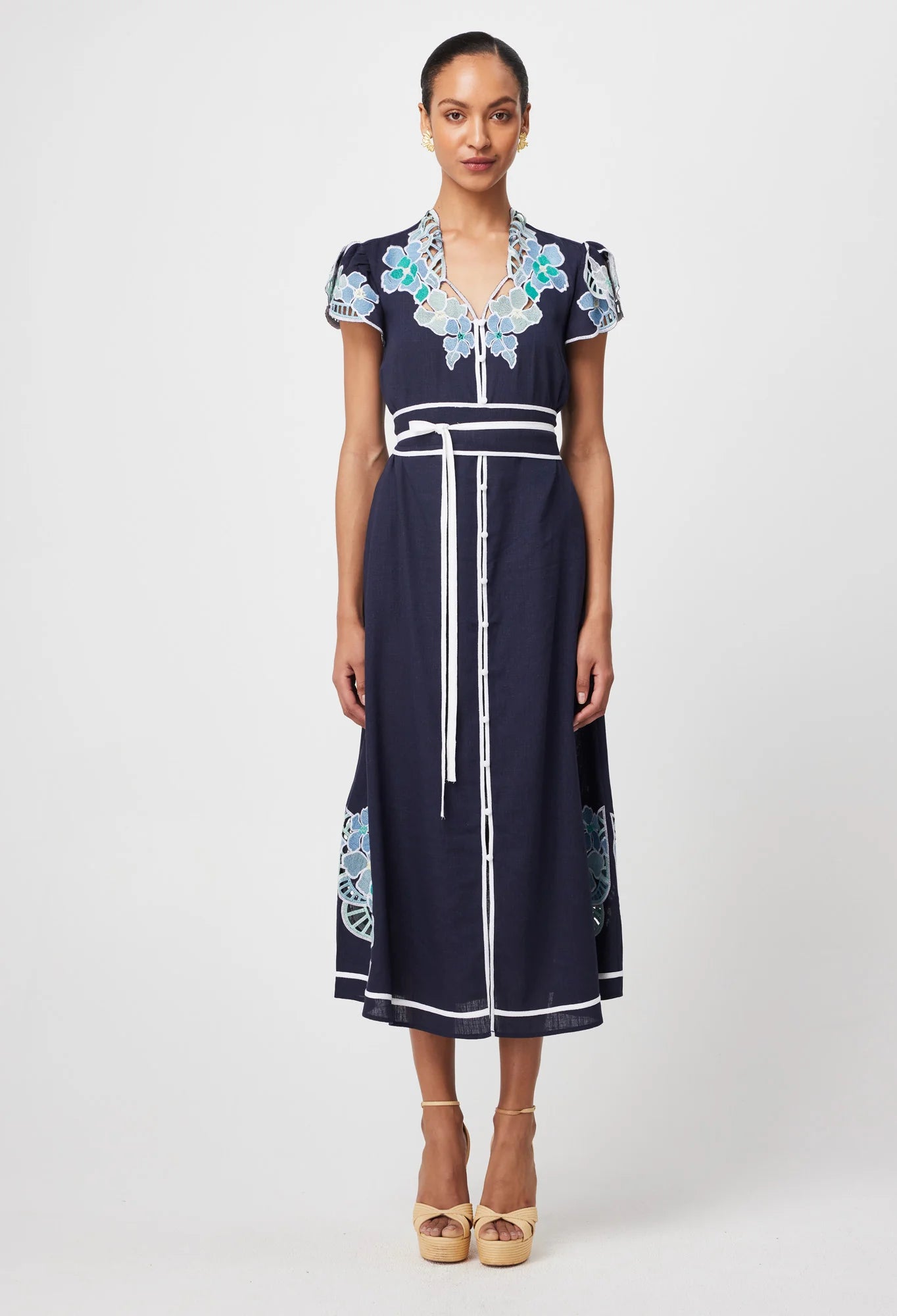 Once Was - Delray Placement Embroidered Linen Viscose Flutter Sleeve Dress - Lapis