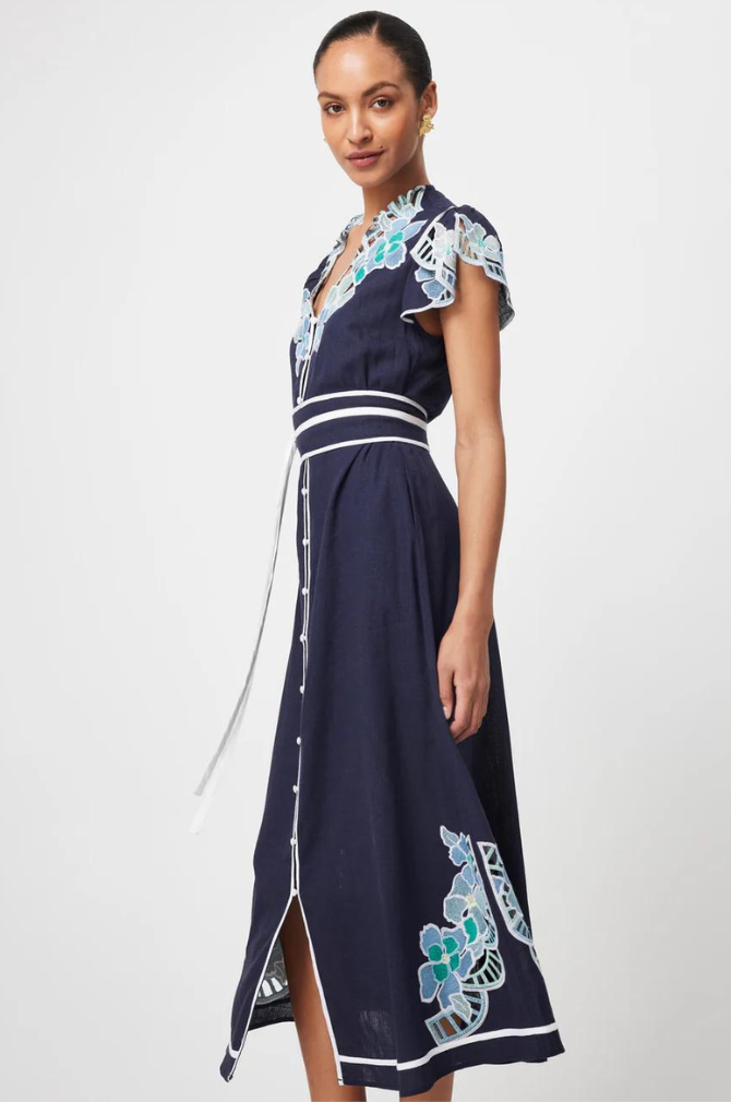 Once Was - Delray Placement Embroidered Linen Viscose Flutter Sleeve Dress - Lapis