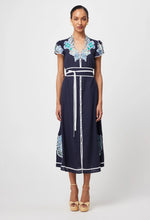 Load image into Gallery viewer, Once Was - Delray Placement Embroidered Linen Viscose Flutter Sleeve Dress - Lapis
