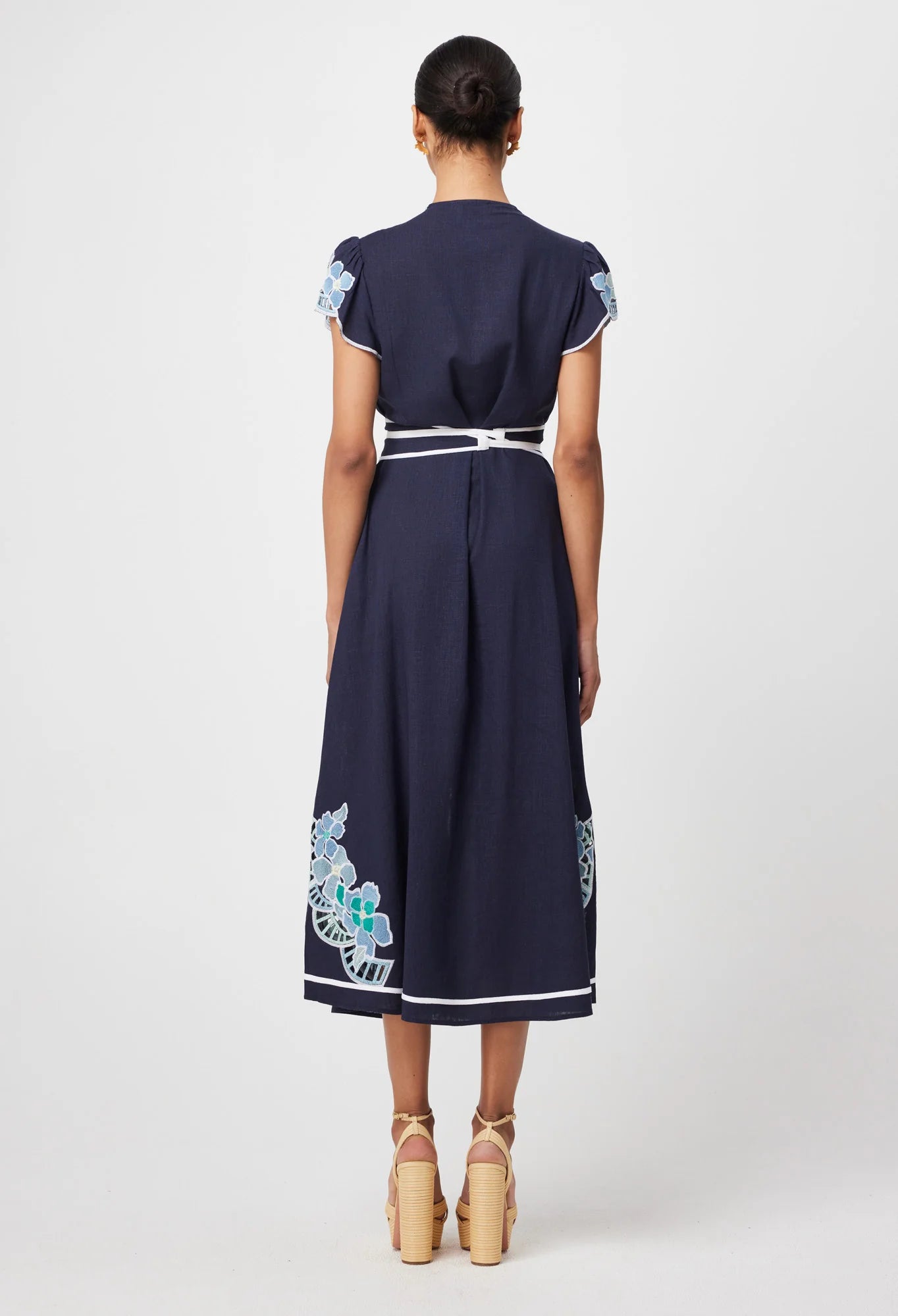 Once Was - Delray Placement Embroidered Linen Viscose Flutter Sleeve Dress - Lapis