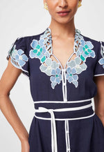 Load image into Gallery viewer, Once Was - Delray Placement Embroidered Linen Viscose Flutter Sleeve Dress - Lapis
