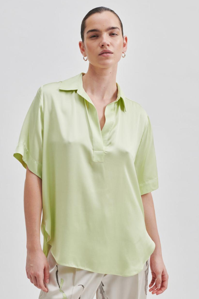 Second Female - Bardi Sateen Short Sleeve Blouse - Shadow Lime