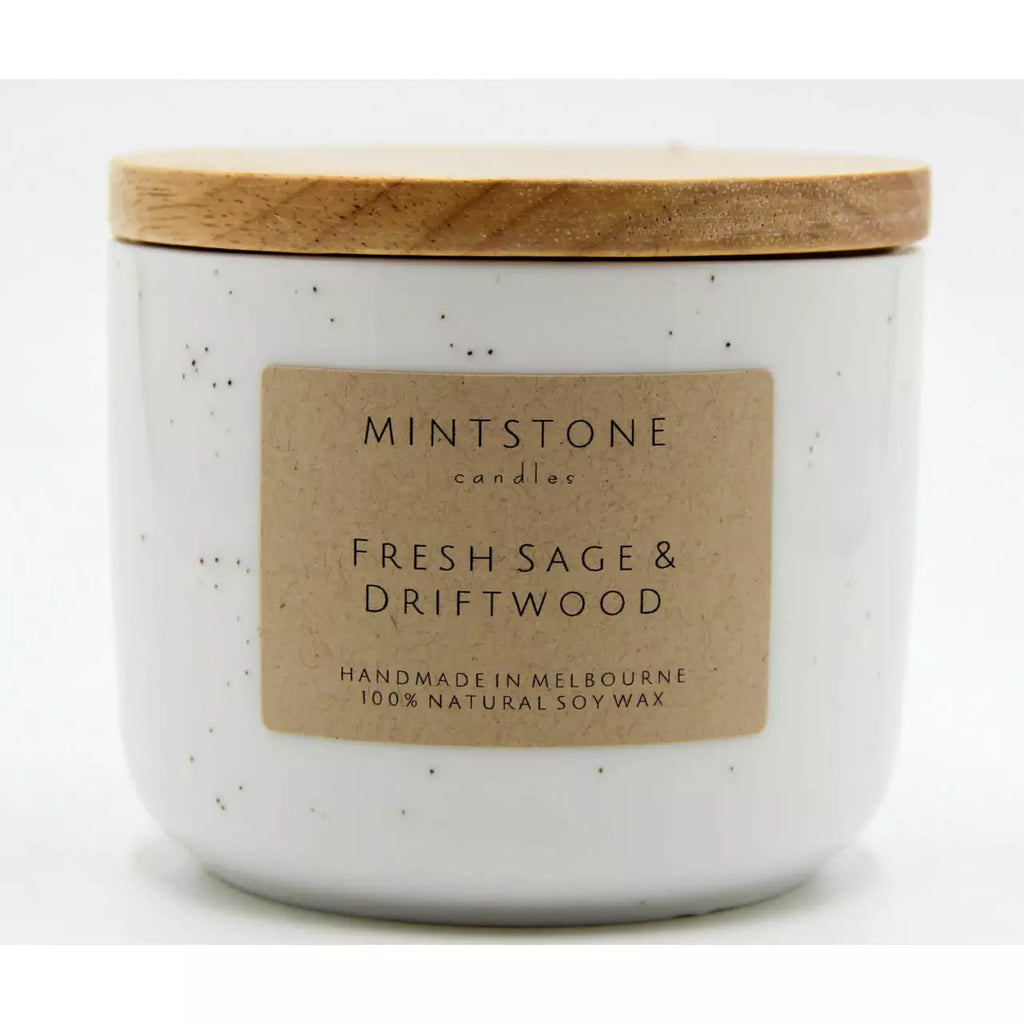 Mintstone | Medium Double Wick Soy Candle Ceramic Vessel Fresh Sage & Driftwood